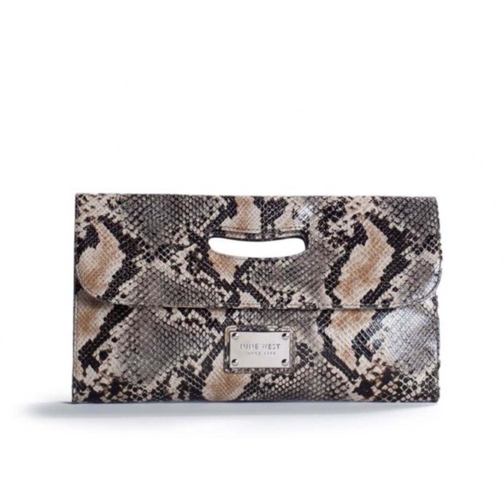 Nine West Faux Snake Skin Clutch‎ Purse Bag Cut Out Handle Magnetic Snap Closure